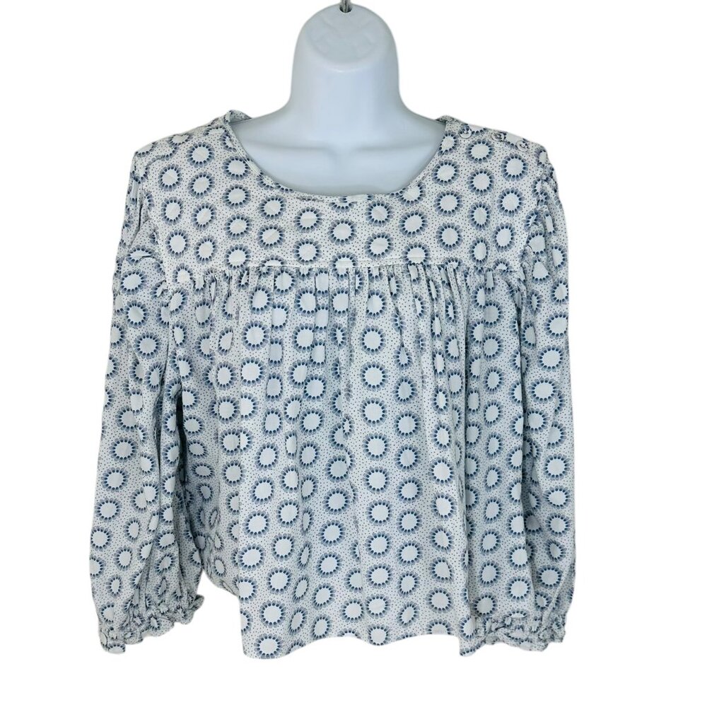Treasure & Bond Women's Size L Floral 3/4 Sleeves Babydoll White Blue Top